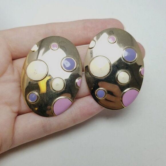Vintage Pastel Polka Dot Oval Stud Earrings, Pink Purple Enamel, Retro 80s Style - Picture 6 of 6